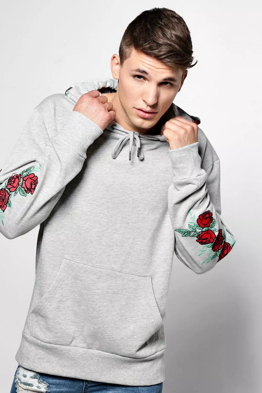 Over the head hoodie with sales rose embroidery