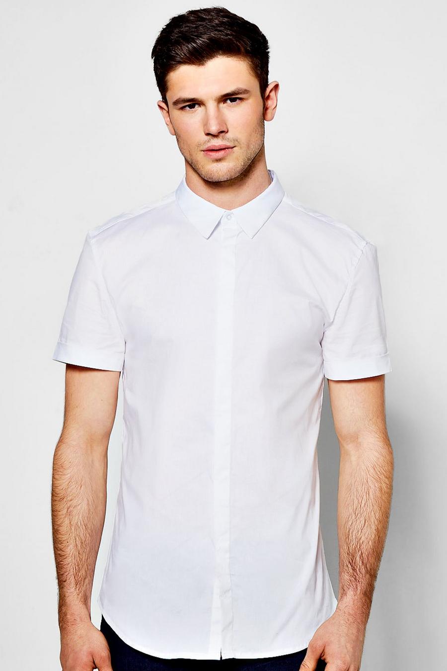 camicia elasticizzata a vestibilità slim con maniche corte, Bianco image number 1