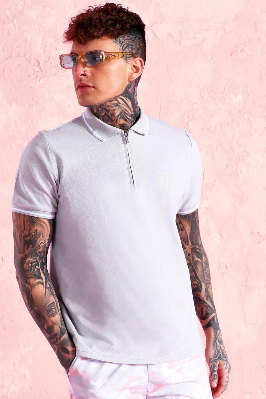אפור בהיר חולצת פולו פיקה עם שרוולים קצרים וקצוות בצבע שונה image number 1
