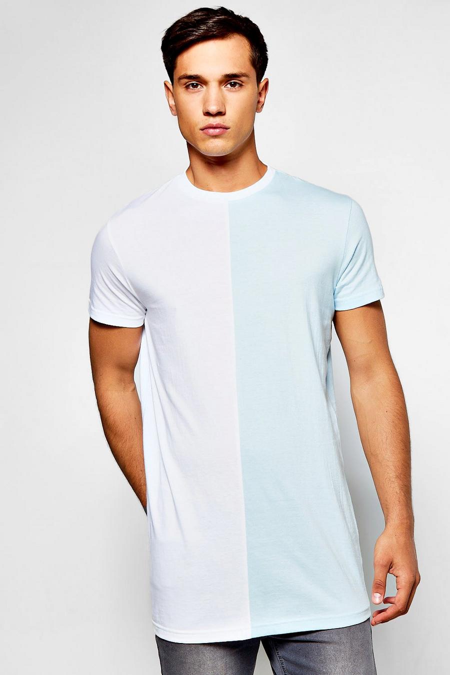 Blue Longline Colour Block Half And Half T-Shirt image number 1