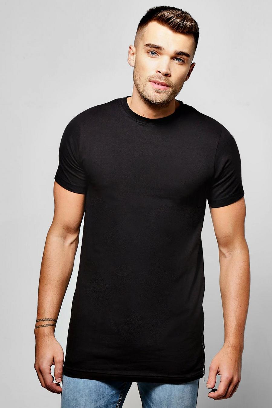 Black Longline Muscle T Shirt With Side Zip image number 1