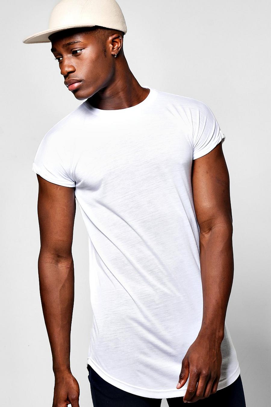 Länger geschnittenes T-Shirt mit überschnittenen Schultern und abgerundetem Saum, Weiß image number 1
