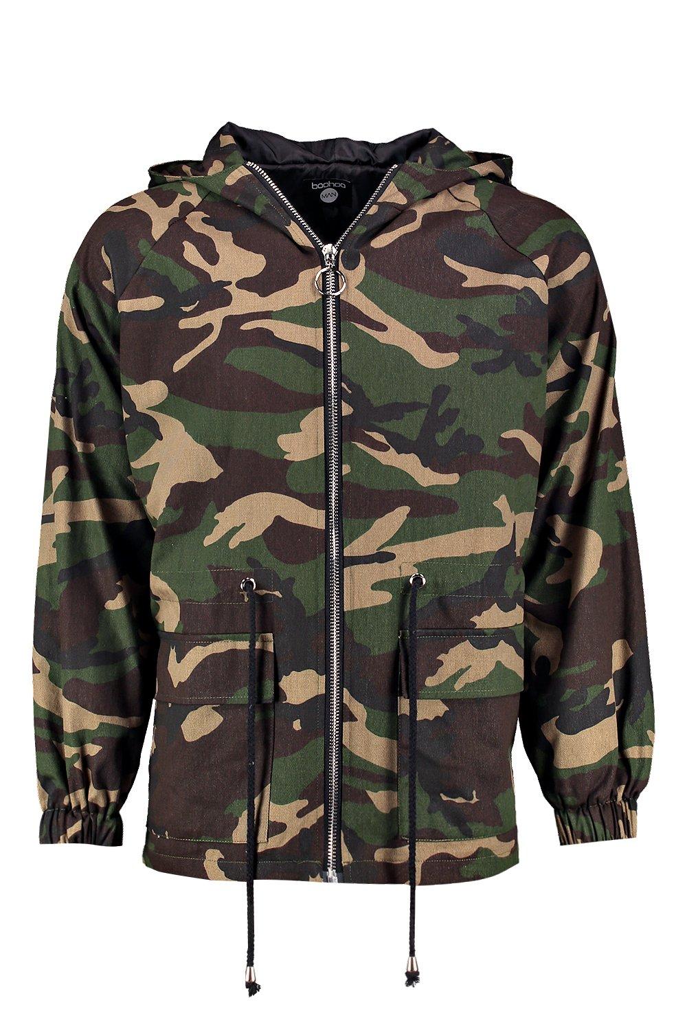 Camo drawstring hooded 2025 parka with sleeve print