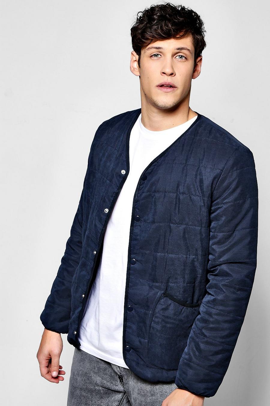 Navy Quilted Collarless Jacket image number 1