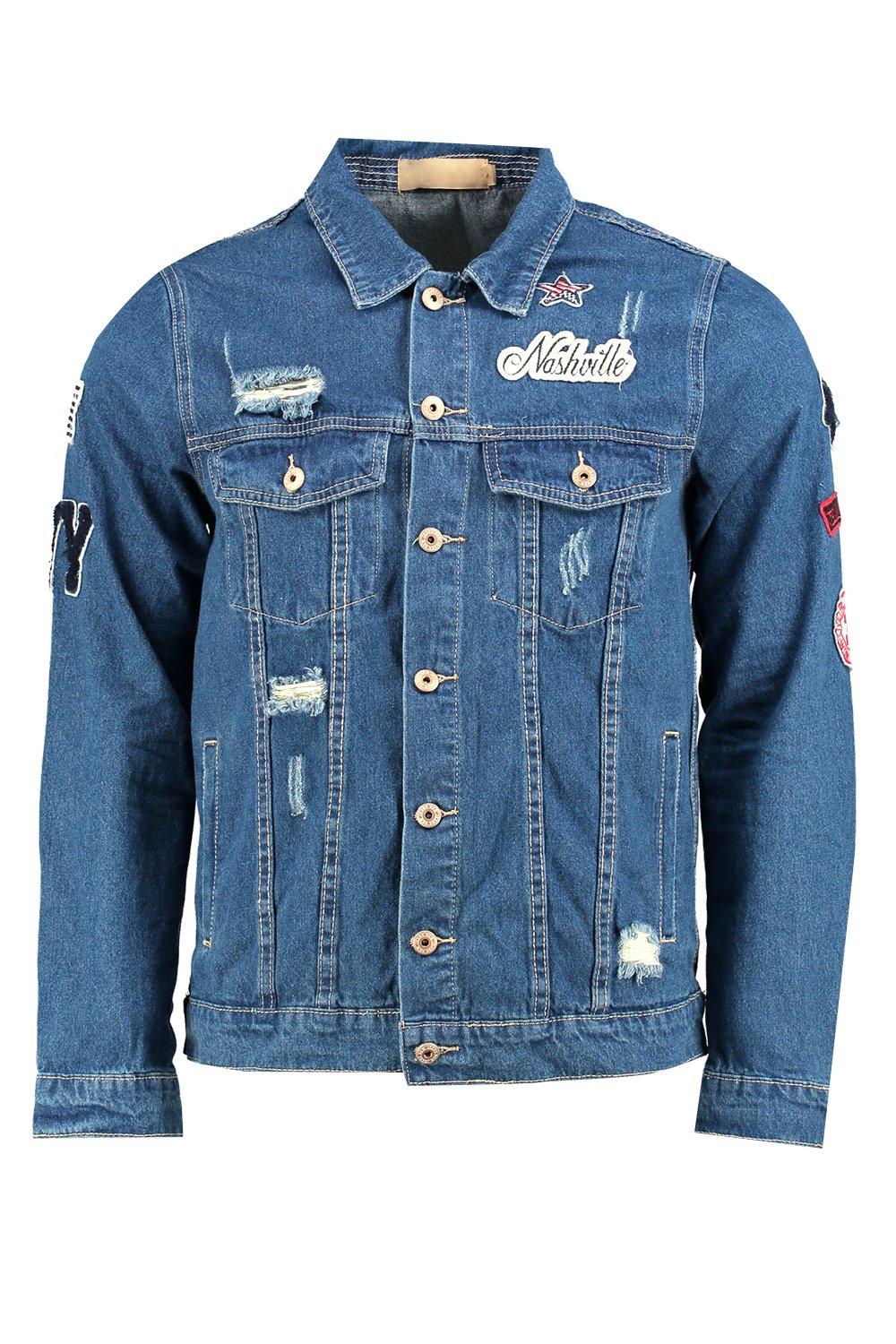 Distressed Denim Jacket With Badges boohoo IL