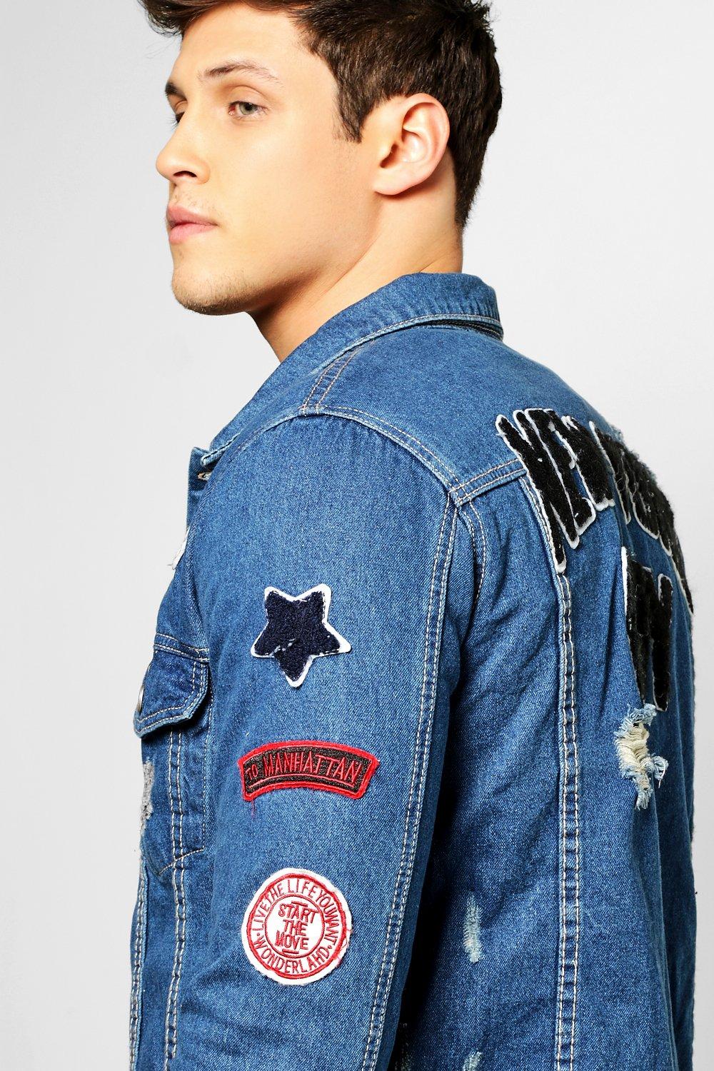 Jean jacket with store badges