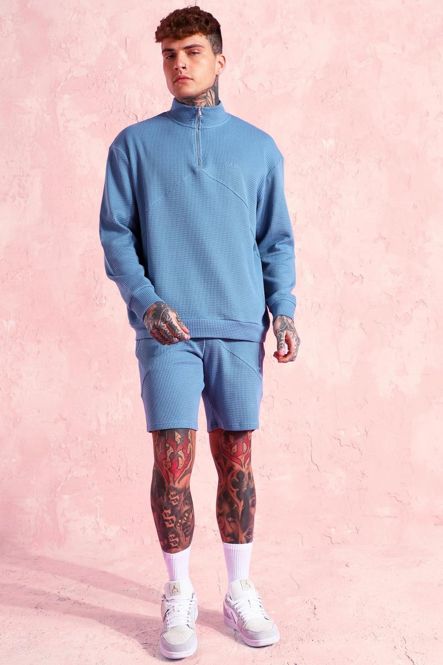 Dusty blue Waffle Funnel Neck Jersey Sweater & Shorts Set image number 1