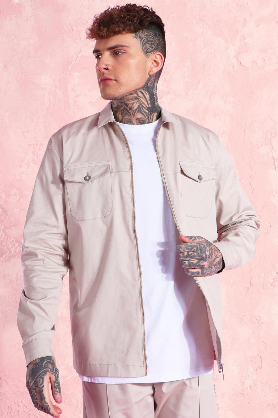 Cream Relaxed Twill Zip Through Overshirt image number 1