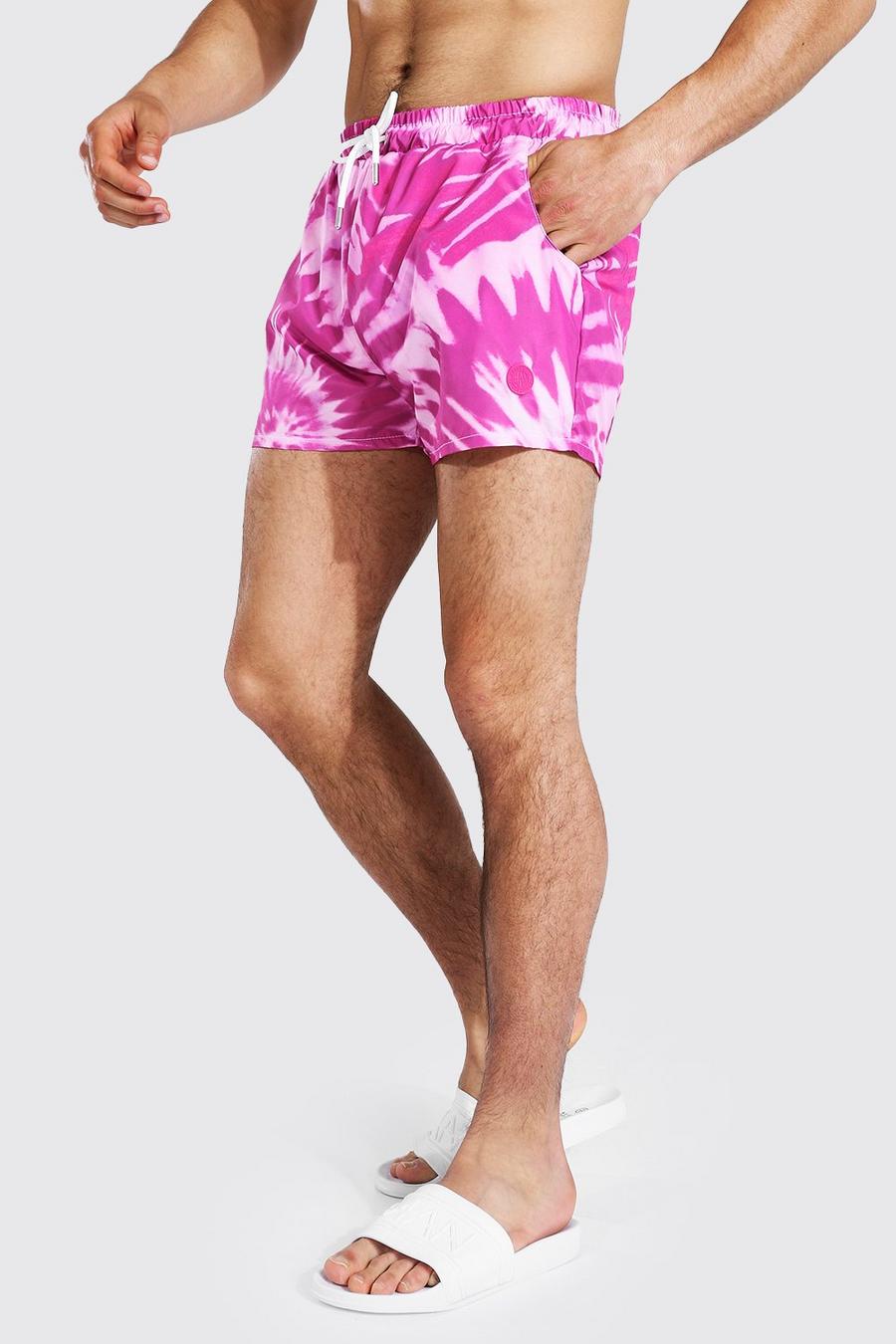 Pink Swirl Tie Dye Short Length Swim Shorts image number 1