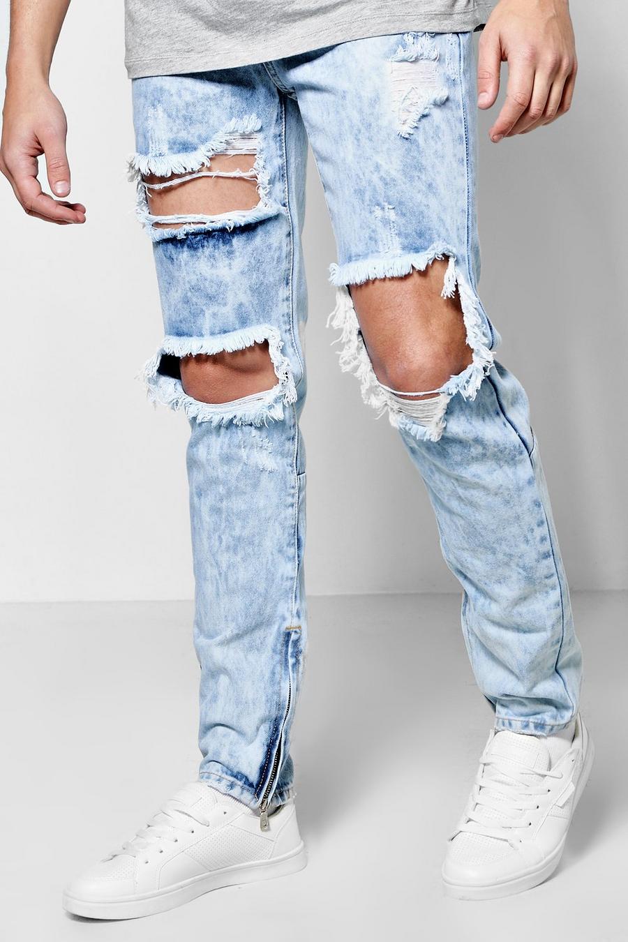 jeans taglio skinny rigidi a lavaggio acido con strappi, Azzurro chiaro image number 1