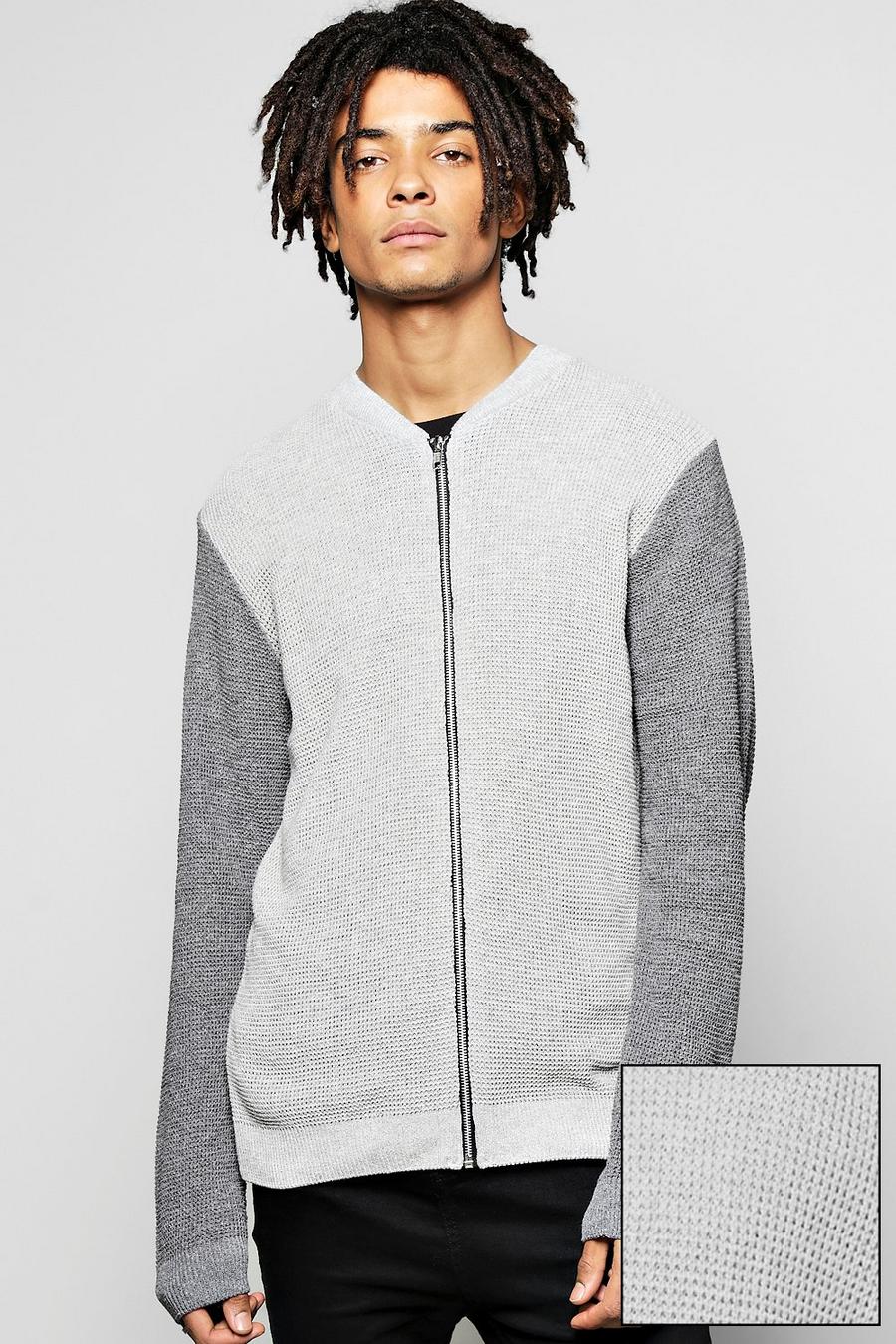 Grey Contrast Zip Through Knitted Bomber image number 1