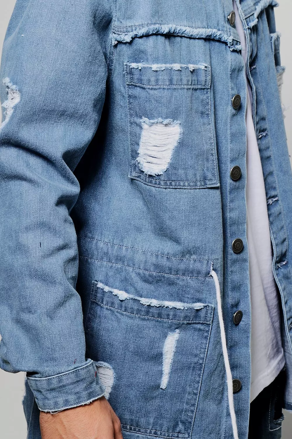 Destroyed Denim Long Line Jacket