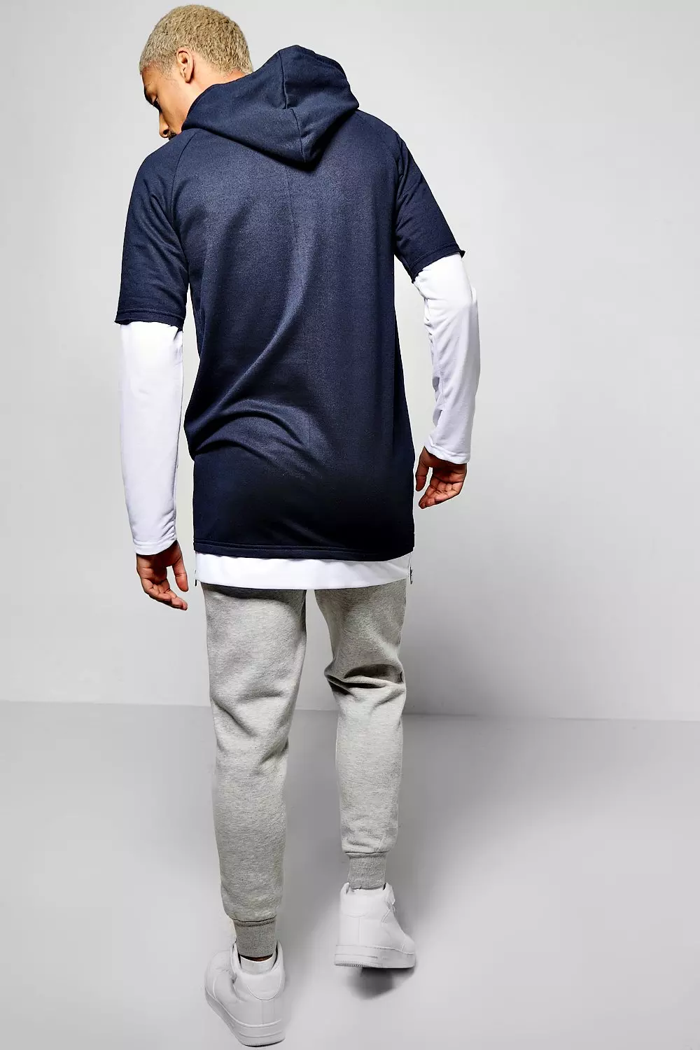 Navy Faux Layer Longline Hoodie With Zips alternative image