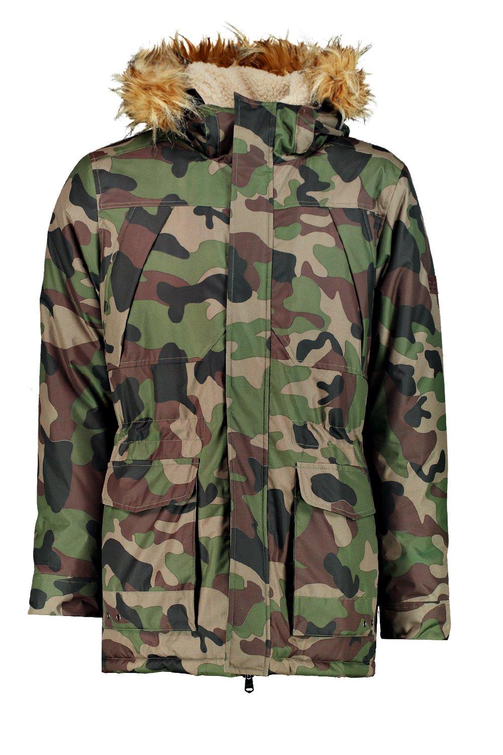 camo jacket with fur hood