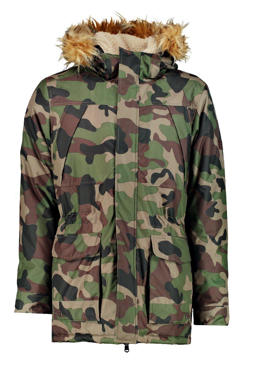 camo jacket with fur hood