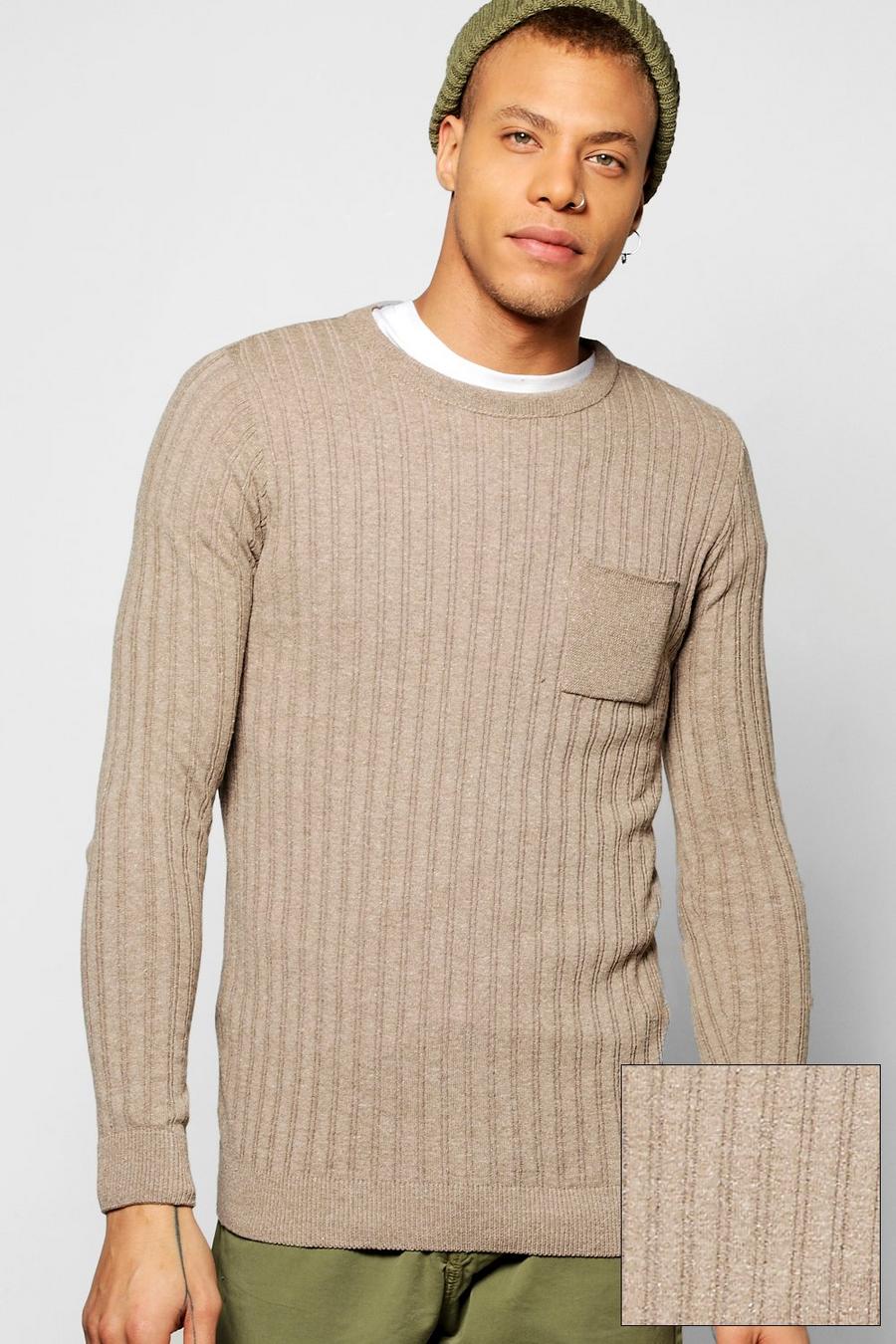 Taupe beige Knitted Crew Neck Sweater With Patch Pocket image number 1