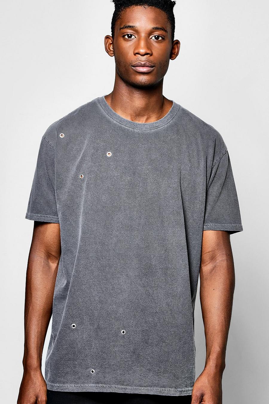 Charcoal Oversized Washed T Shirt With Eyelets image number 1