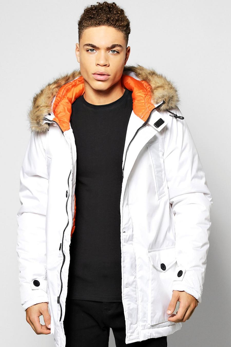giacca parka lunga con bordo in pelliccia sintetica, Bianco image number 1