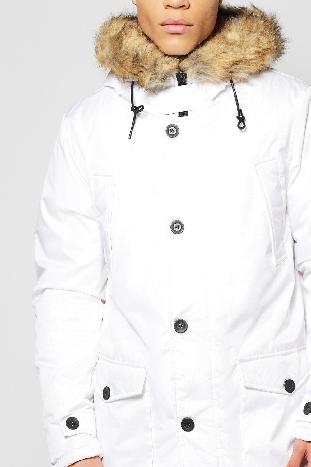 Mens white parka coats with fur hood sale