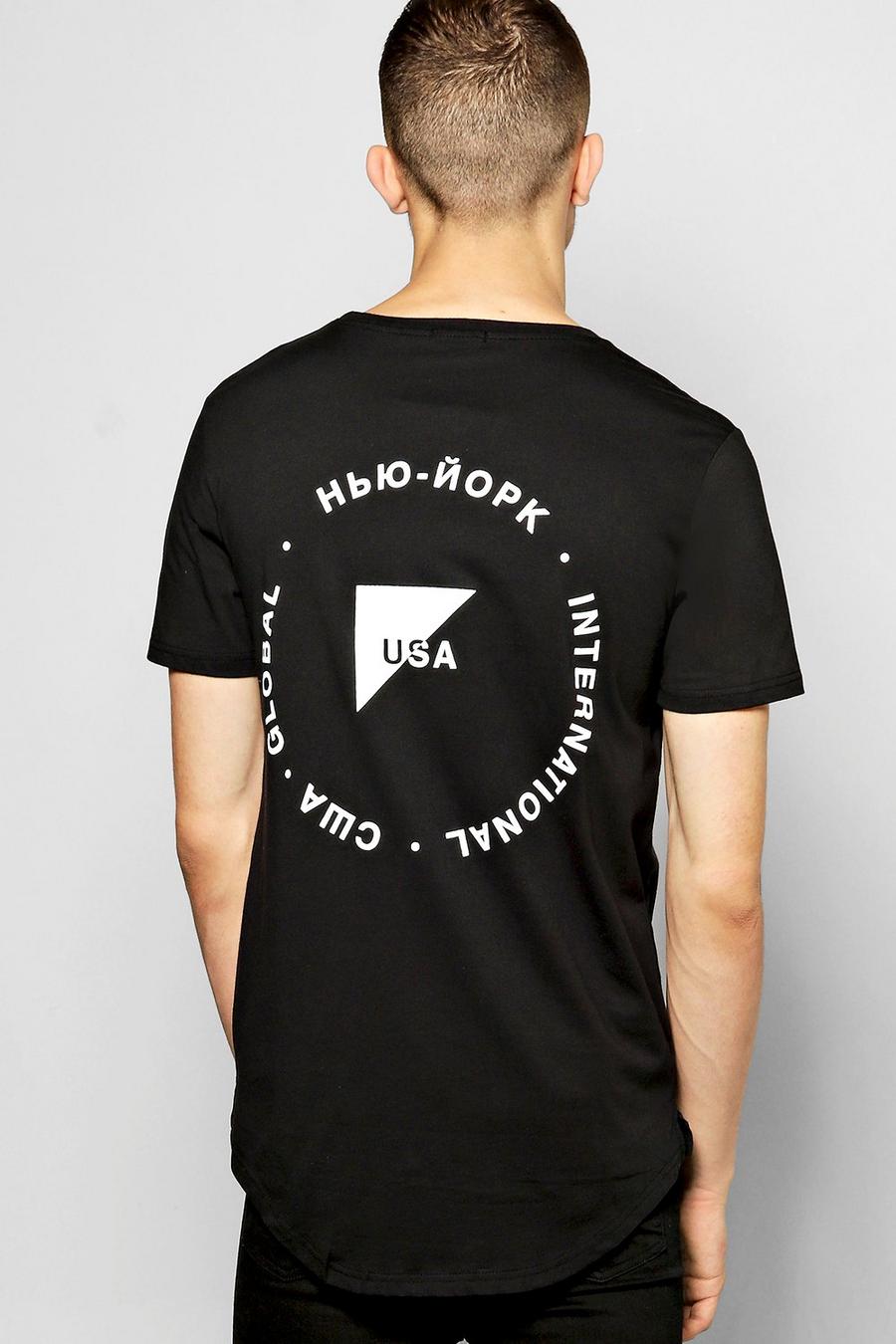 Länger geschnittenes T-Shirt mit Slogan und U-Ausschnitt, Schwarz image number 1