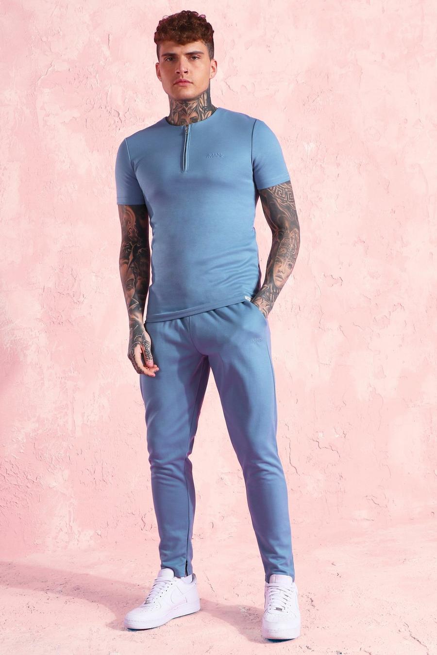 Dusty blue T-shirt i muscle fit och joggers i scuba image number 1