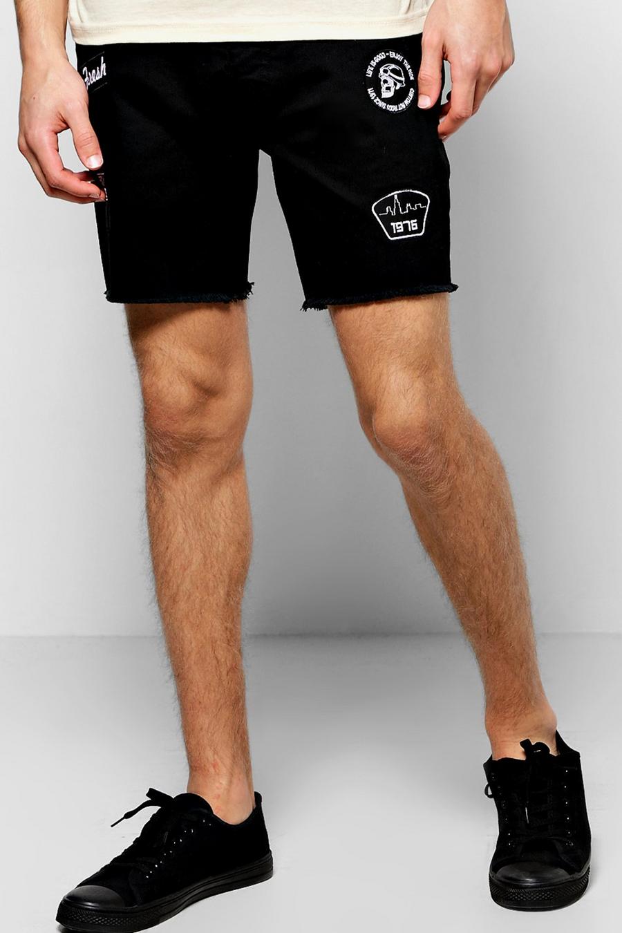 Schmal geschnittene Shorts aus Denim mit Aufnäher, Schwarz black image number 1