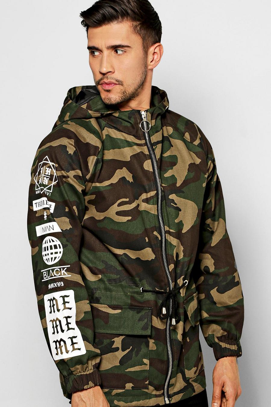 Camo Drawstring Hooded Parka with Sleeve Print image number 1