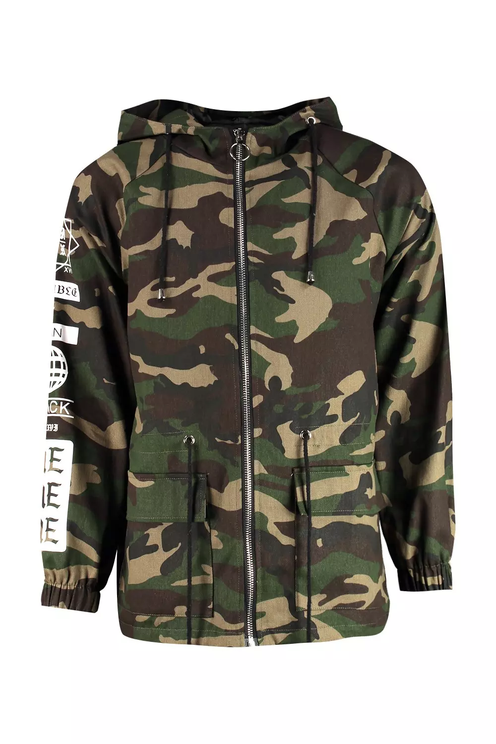 Camo drawstring hooded parka with sleeve print hot sale