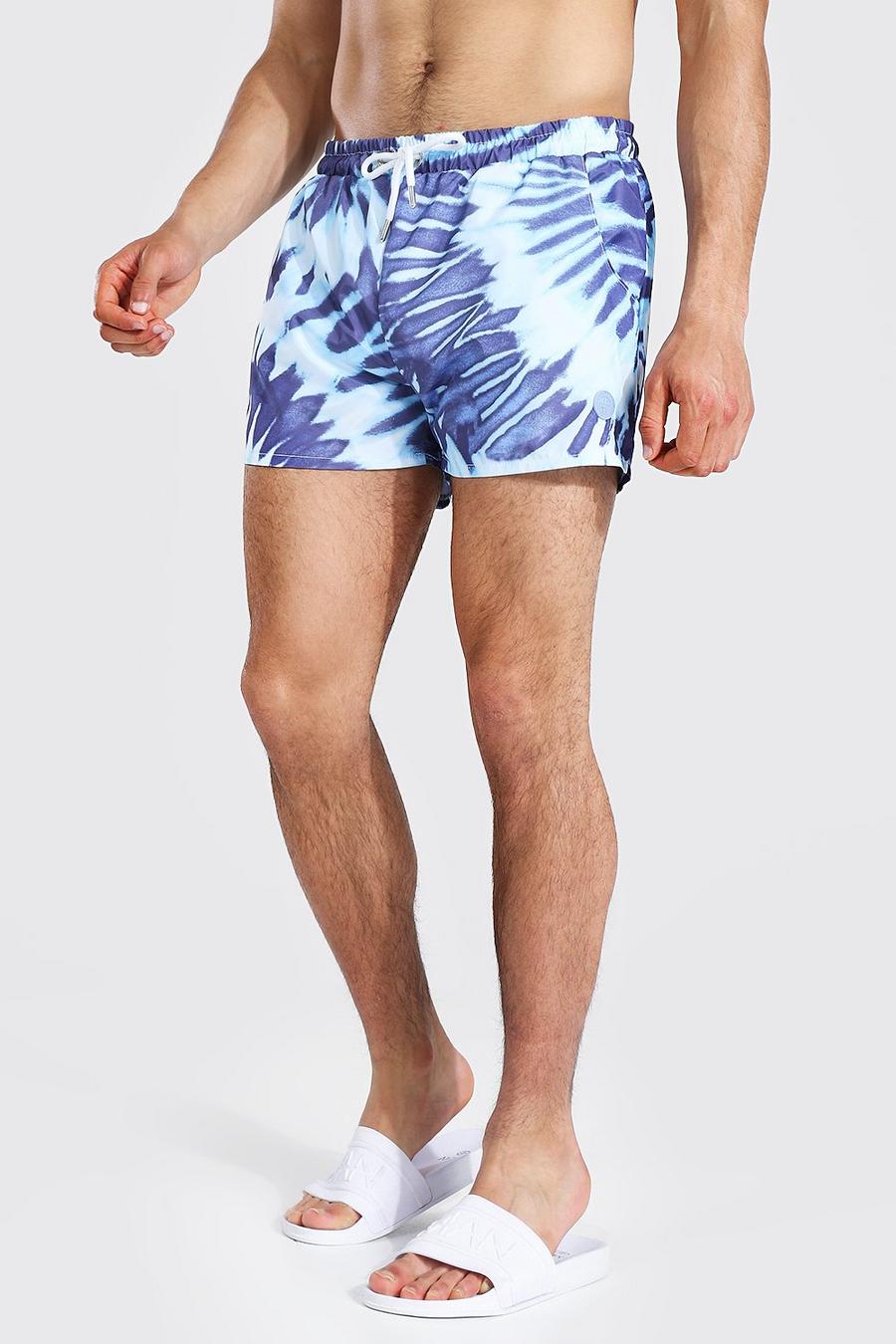 Blue Swirl Tie Dye Short Length Swim Shorts image number 1