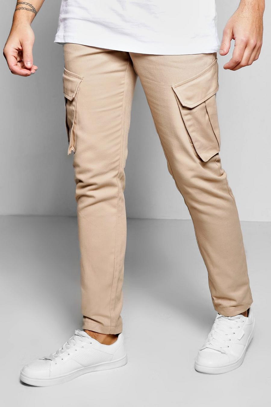 Men's Skinny Cargo Trousers With Raw Edge Hem | Boohoo UK