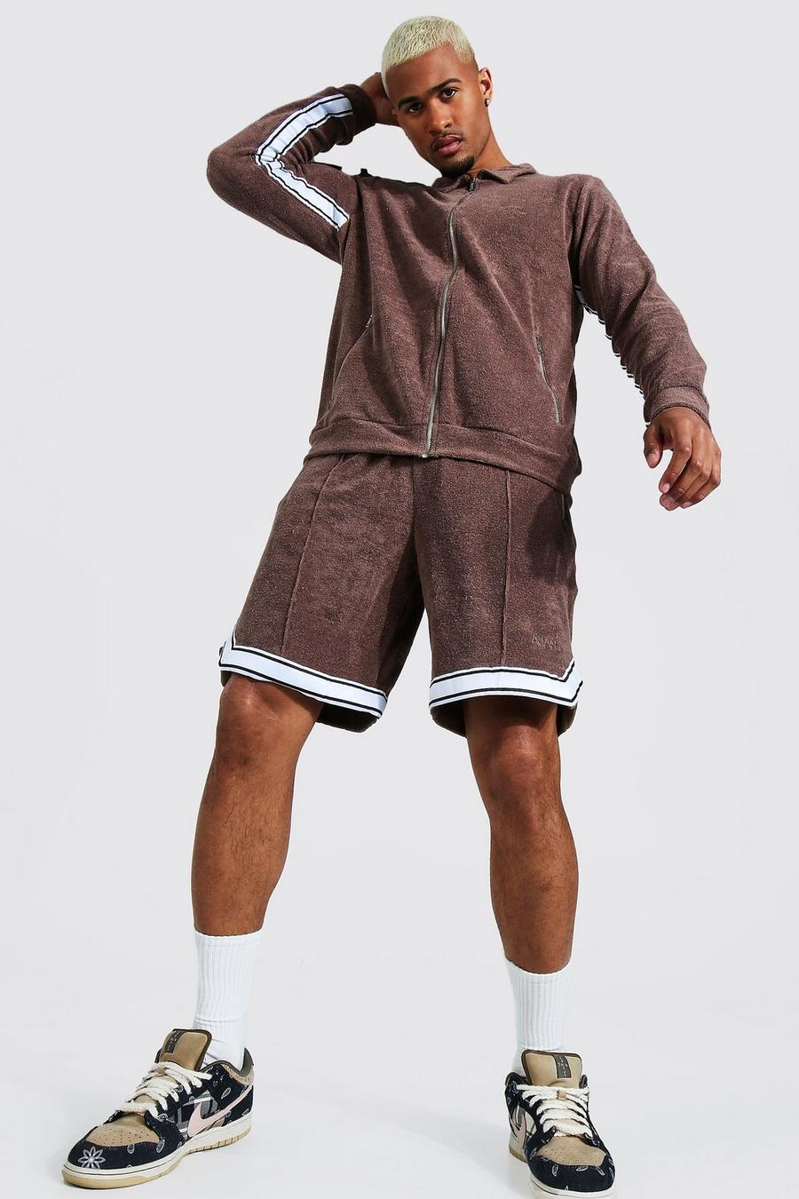 חום חליפת טרנינג שורט מבד מגבת עם רוכסן מלא וכיתוב Man image number 1