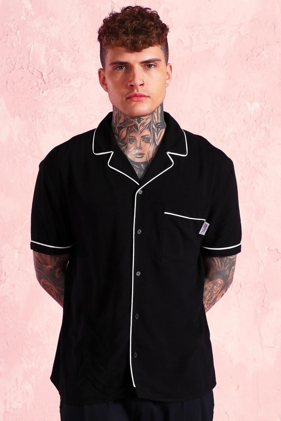 Black Short Sleeve Revere Collar Shirt With Piping image number 1