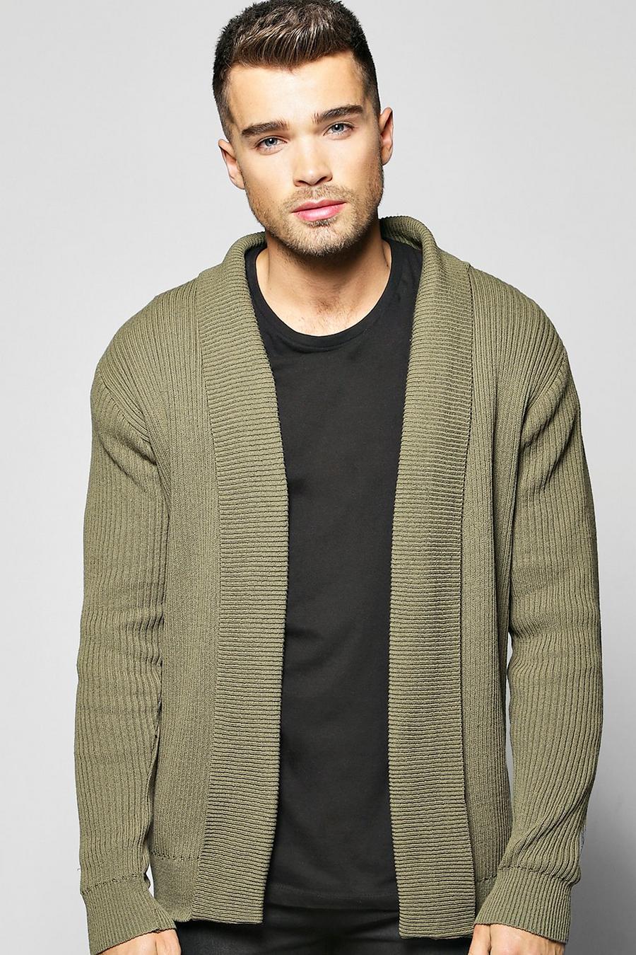 Olive green Muscle Fit Ribbed Cardigan image number 1