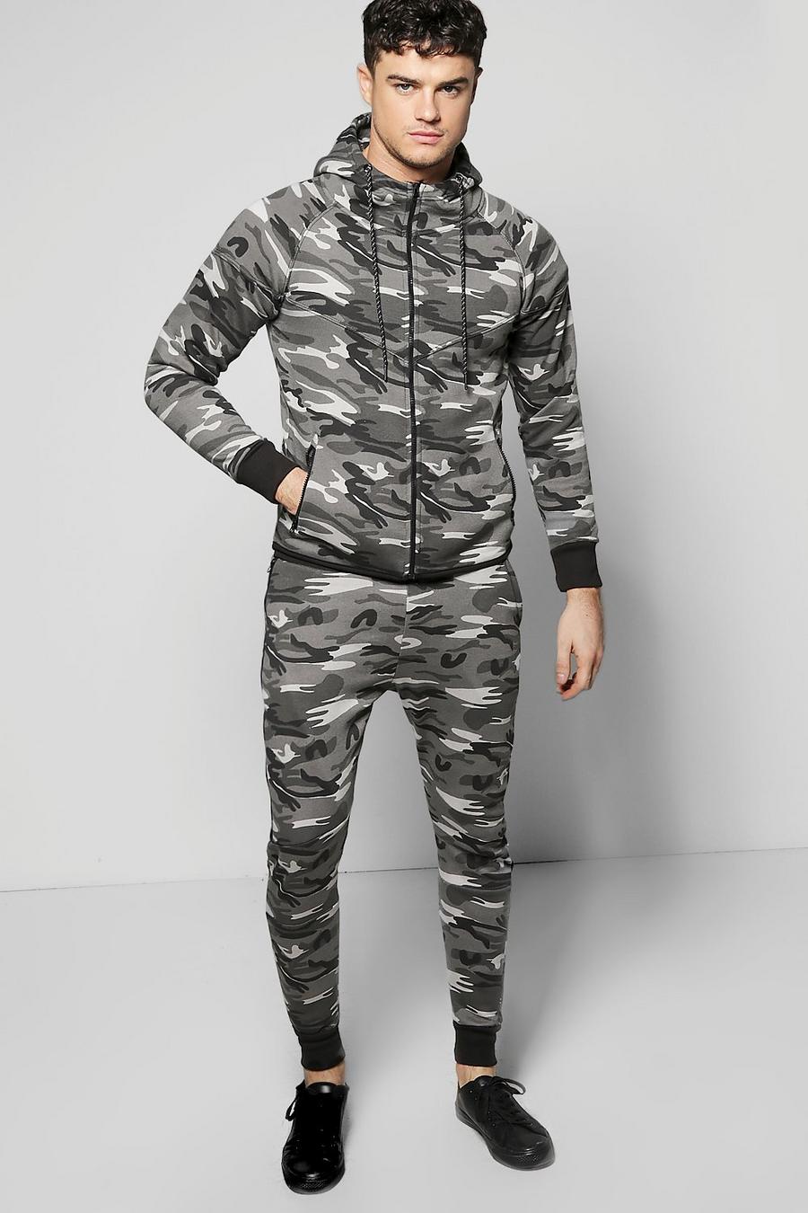 Schmal geschnittener Trainingsanzug mit Camouflage-Print, Grau image number 1