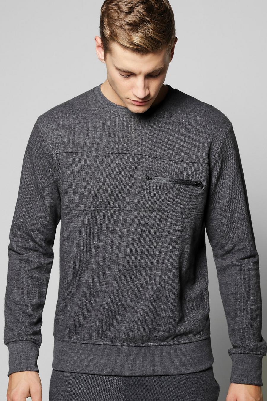 Sweatshirt mit Einsätzen mit Waffelmuster und Reißverschlusstasche, Anthrazit gris image number 1