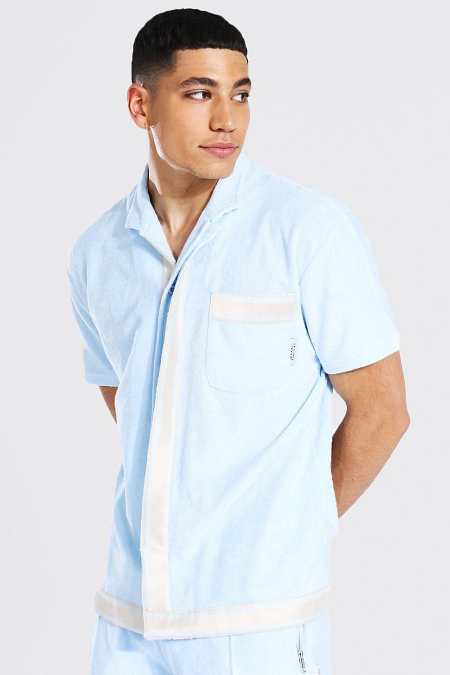 Camisa de manga corta a rayas con cuello de solapa, Azul pálido image number 1