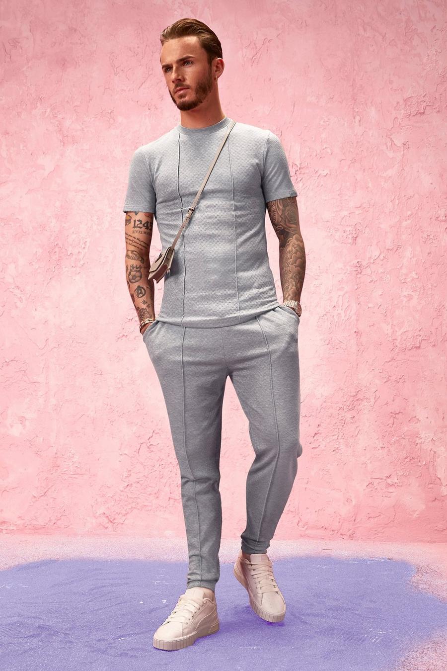 Grey marl Muscle Fit Jacquard T-shirt And Jogger Set image number 1