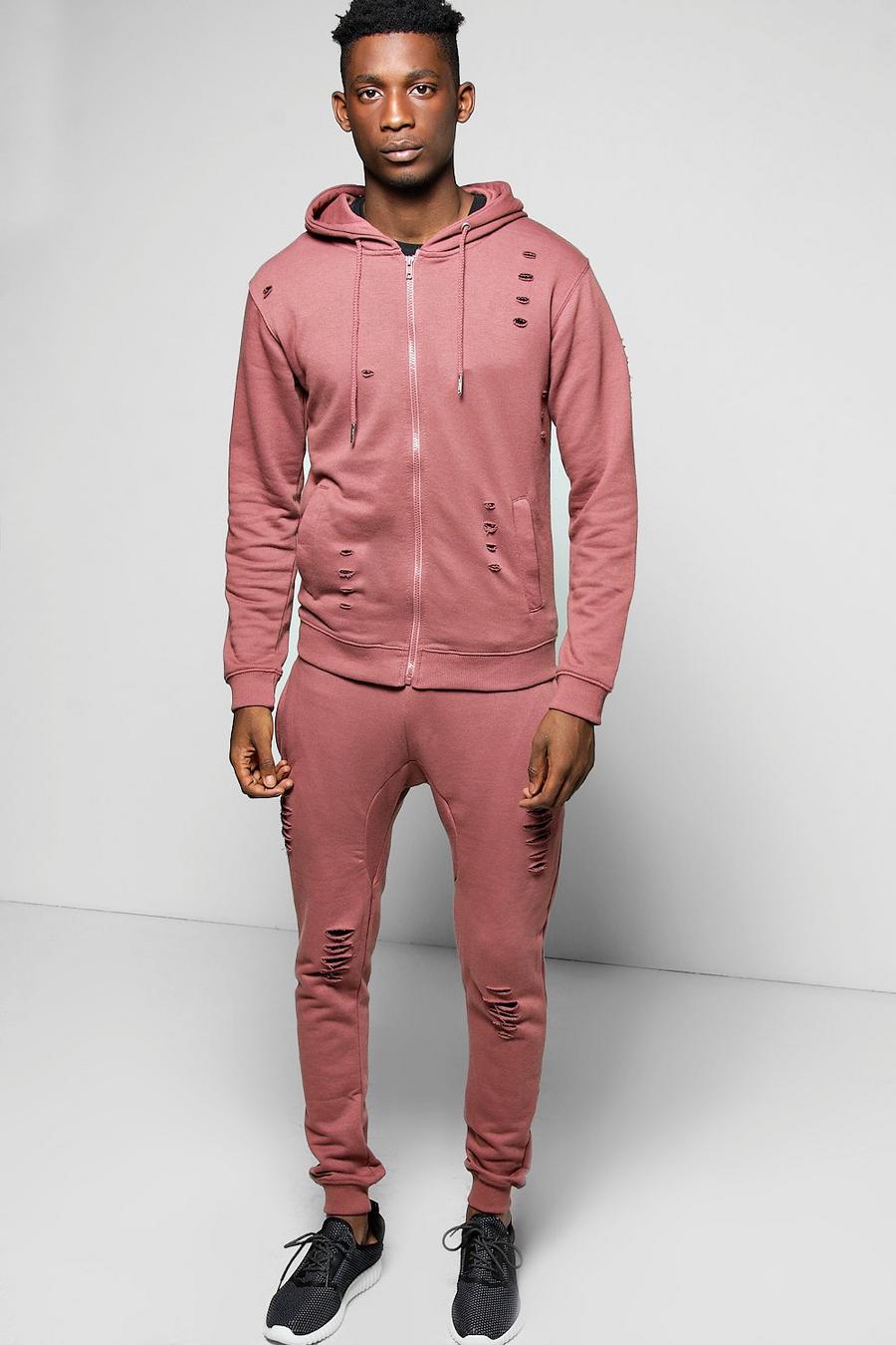 Pink Skinny Fit Distressed Hooded Tracksuit image number 1