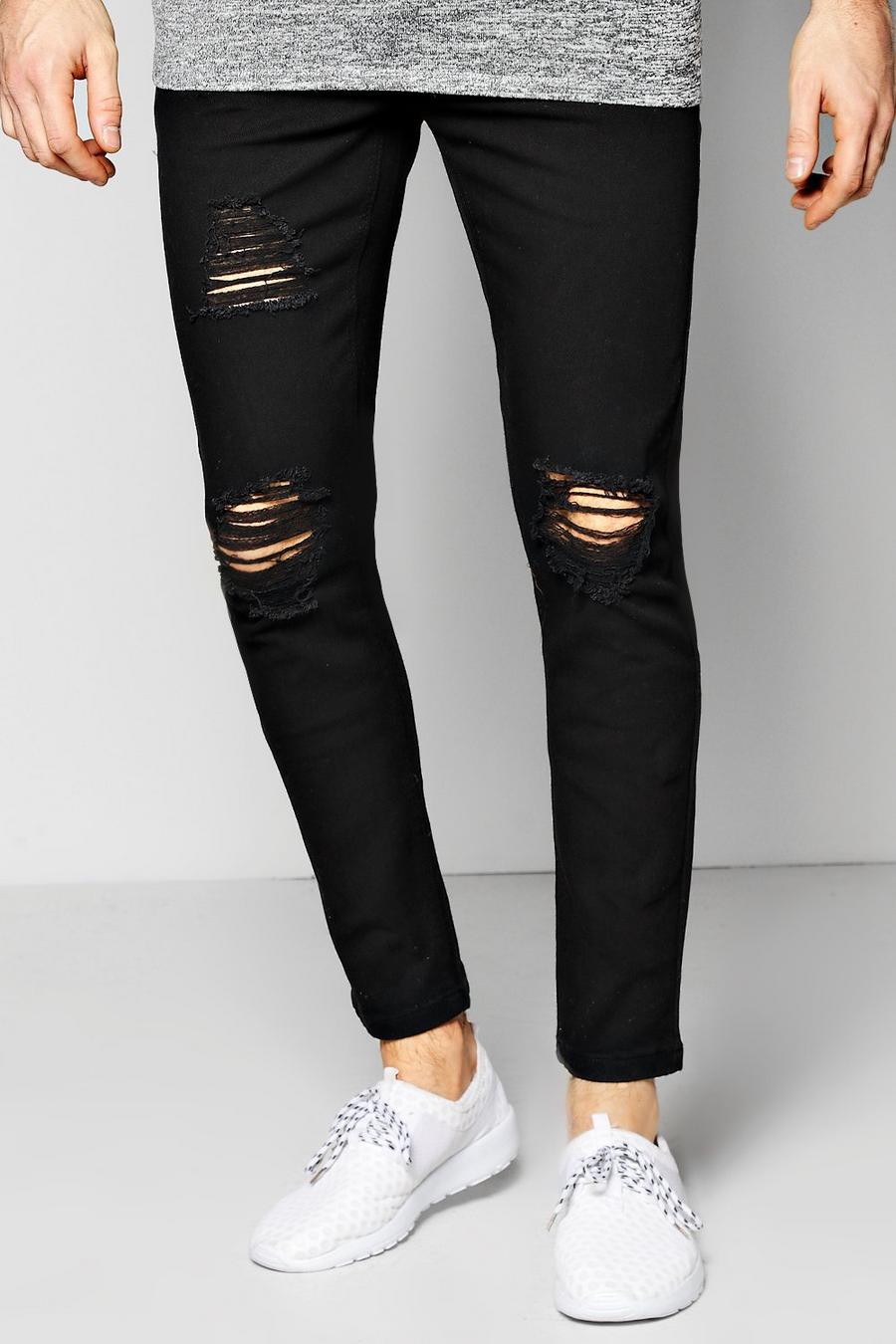 Schmal geschnittene Jeans mit Knierissen und Stretch-Anteil, Schwarz black image number 1