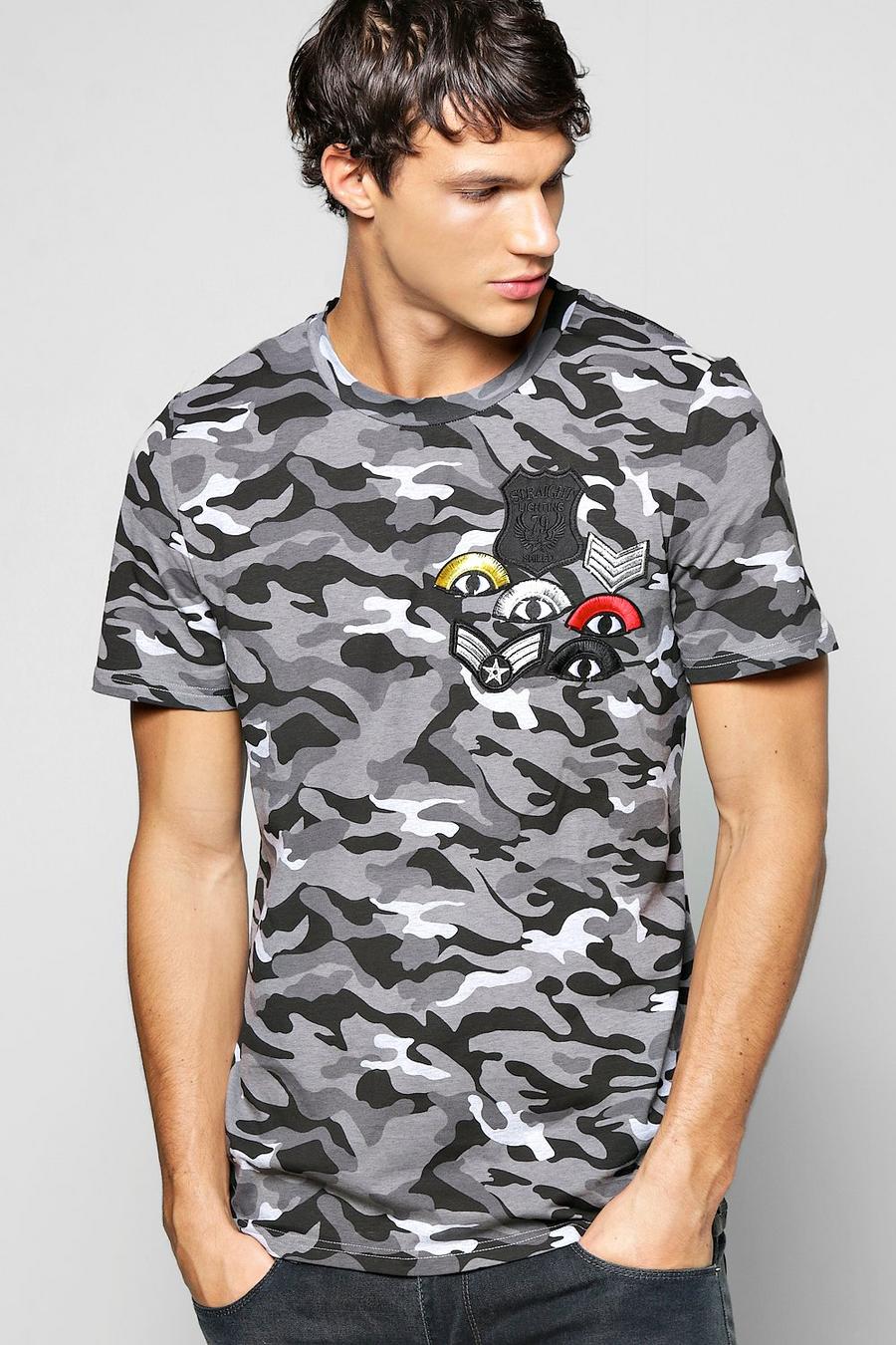 Körperbetontes T-Shirt mit Camouflage-Print und Aufnäher, Grau image number 1
