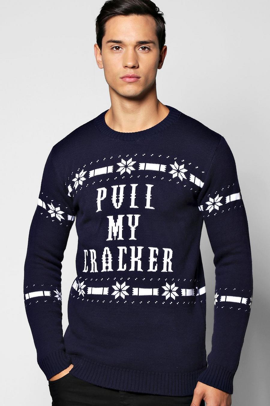Weihnachtspullover mit Pull-my-Cracker-Slogan, Marineblau image number 1