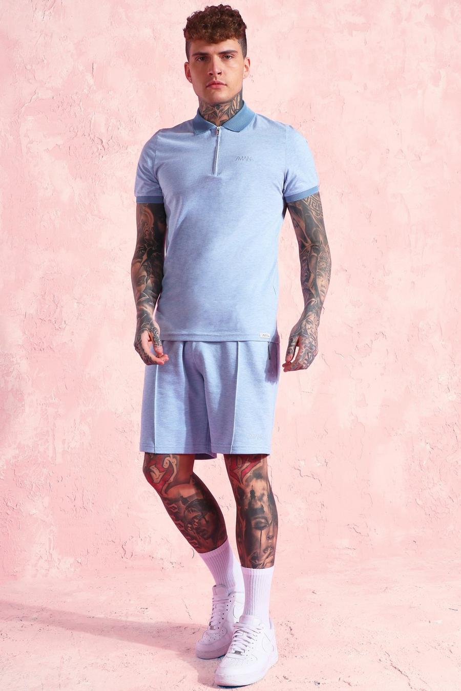 Set aus kurzärmligem Poloshirt und Shorts mit Überfärbung, Taubenblau image number 1