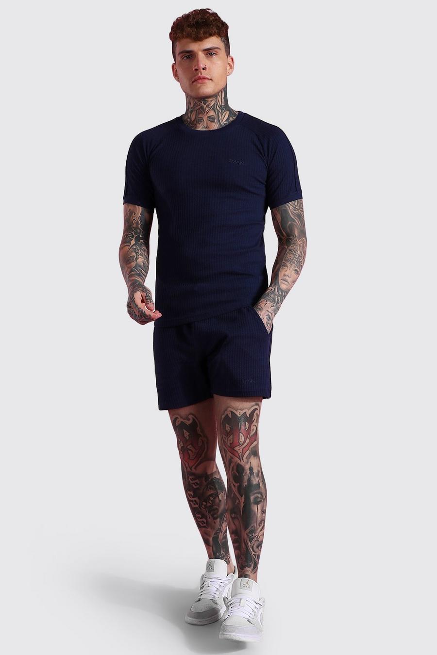 Navy Jacquard Muscle Fit T-Shirt En Shorts Set image number 1