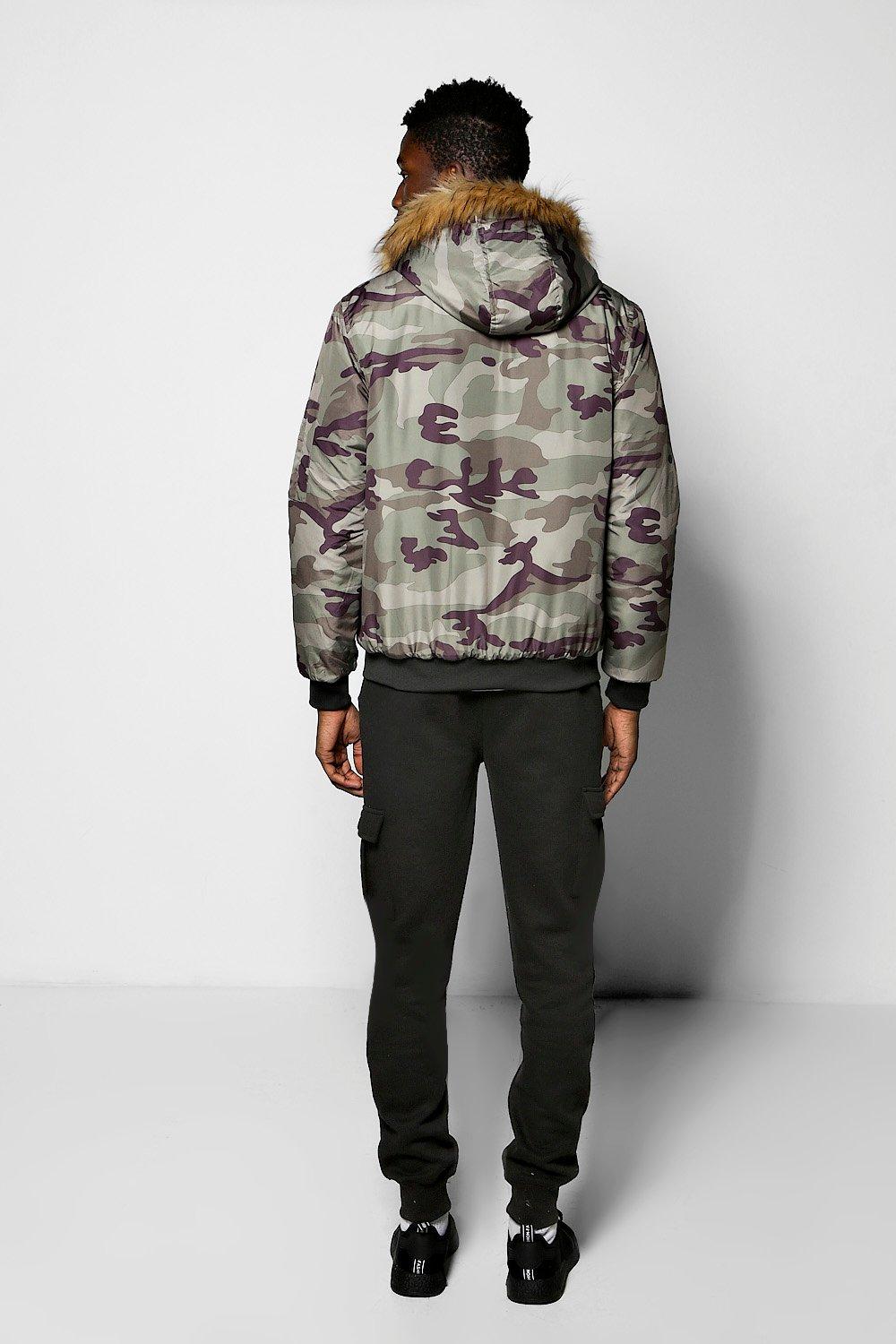 Camouflage coat with fur hood sale