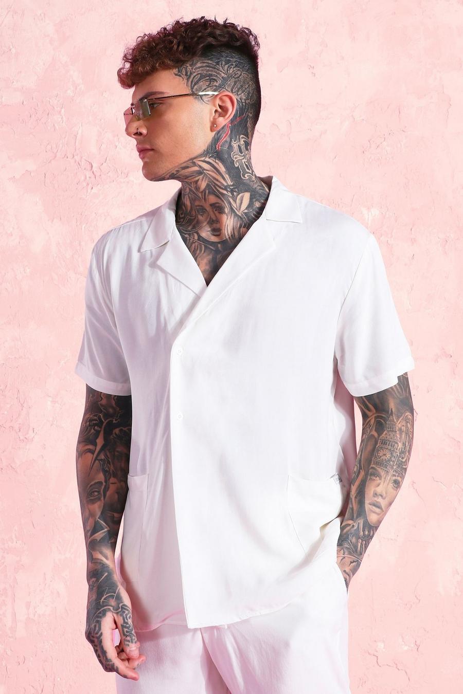 White Short Sleeve Revere Collar Wrap Front Shirt image number 1