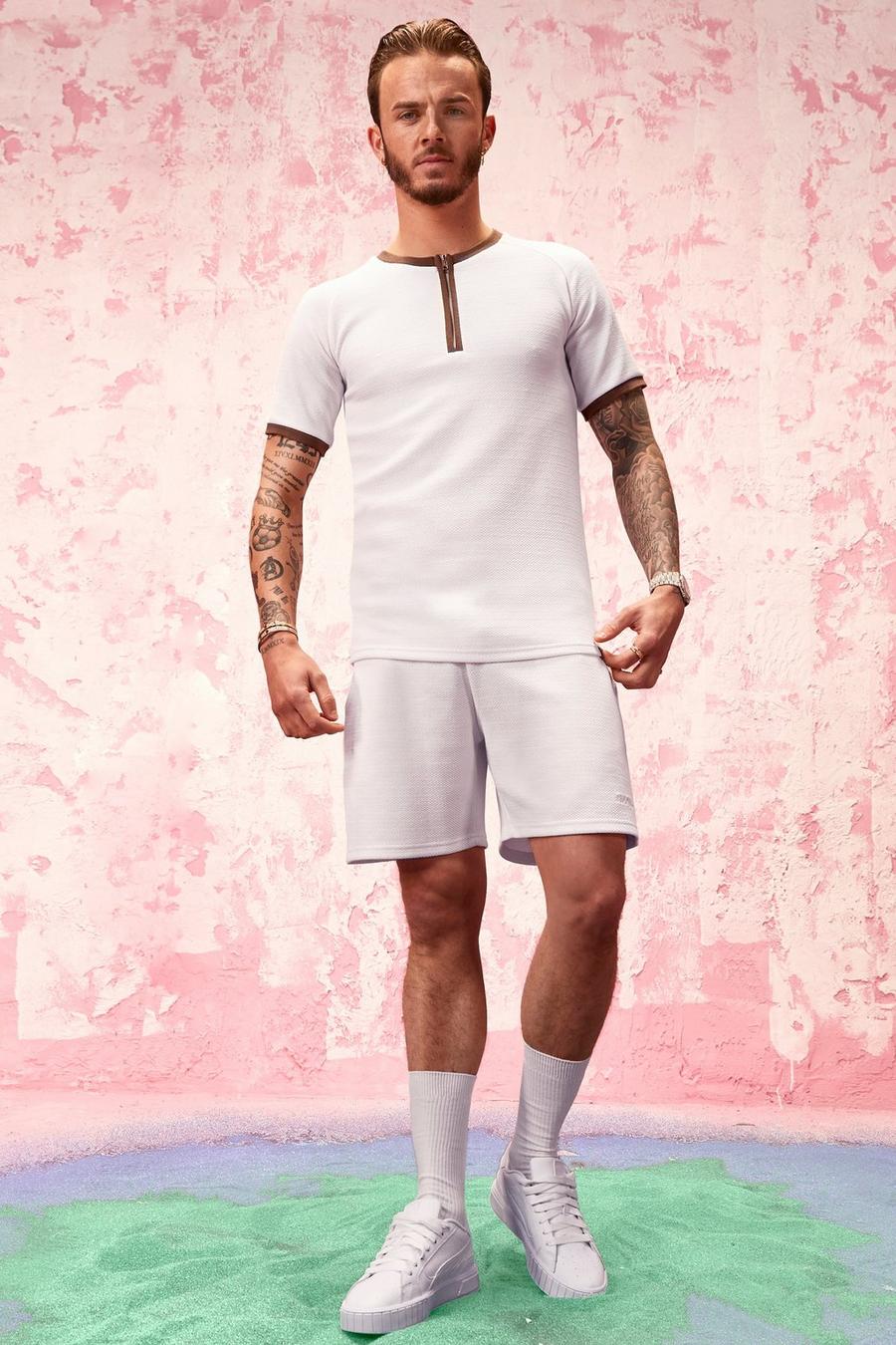 White Jacquard Muscle Fit T-Shirt En Shorts Set image number 1