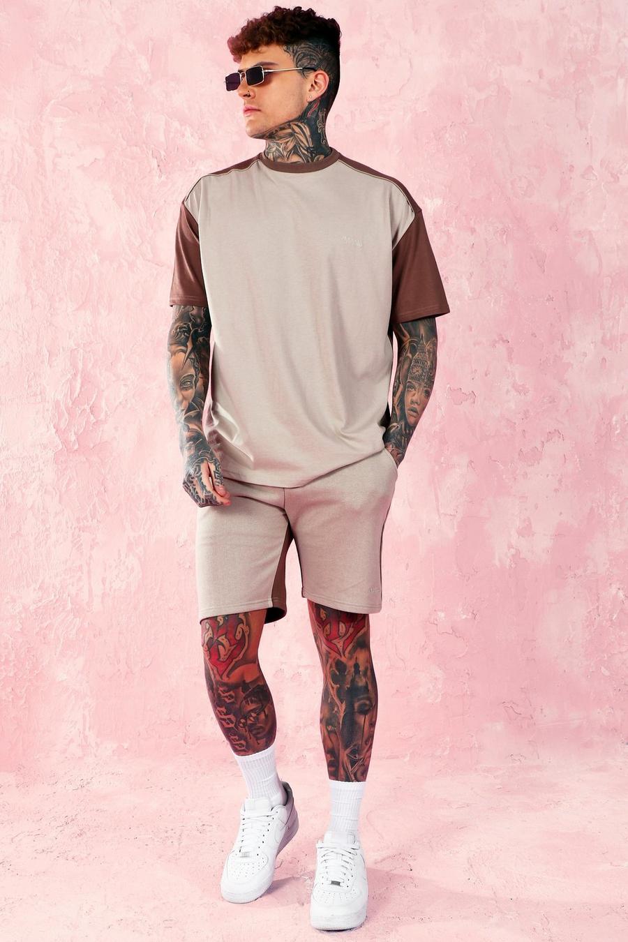 Übergroßes Set aus T-Shirt und Shorts im Colorblock-Design, Braun image number 1