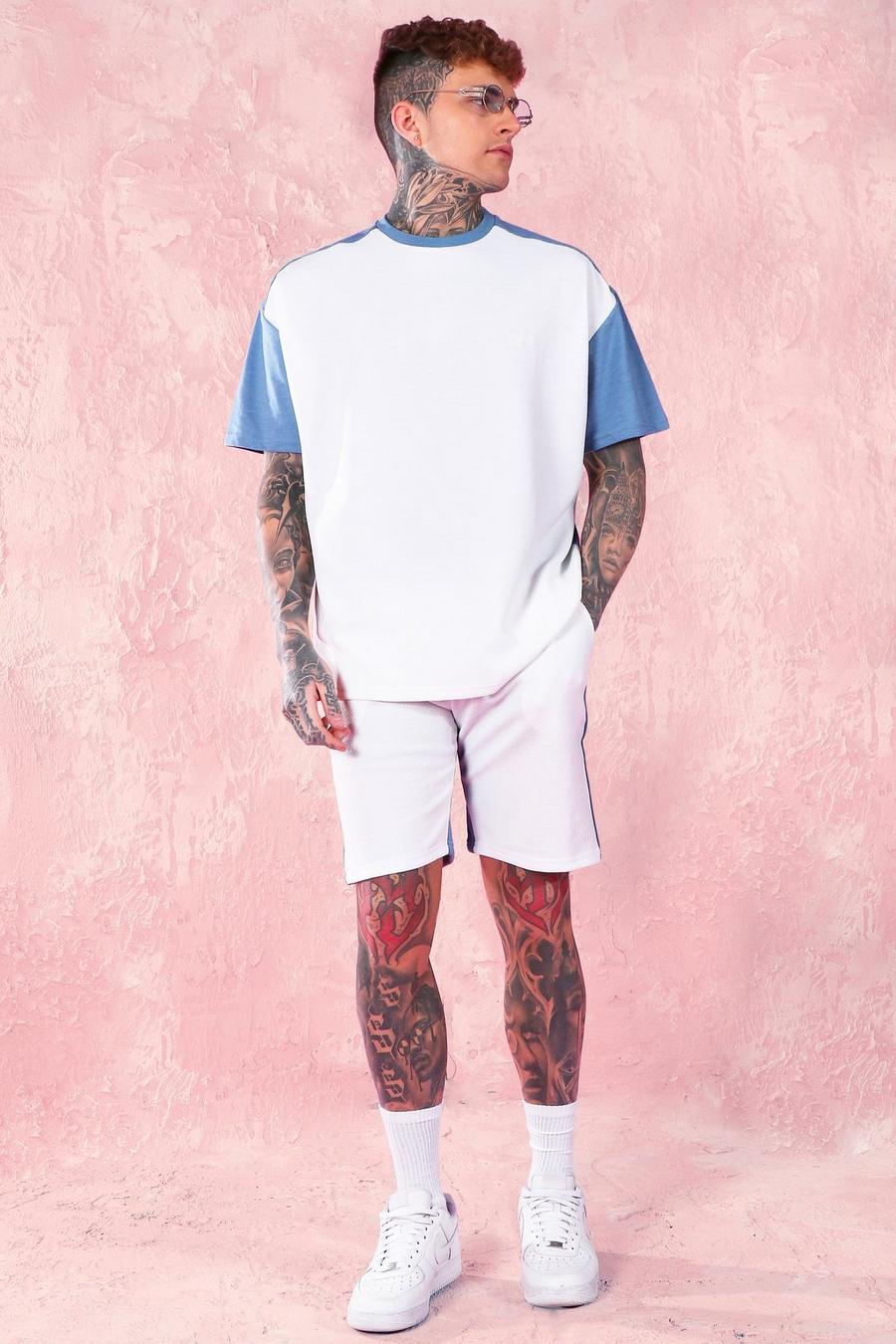Übergroßes Set aus T-Shirt und Shorts im Colorblock-Design, Taubenblau image number 1