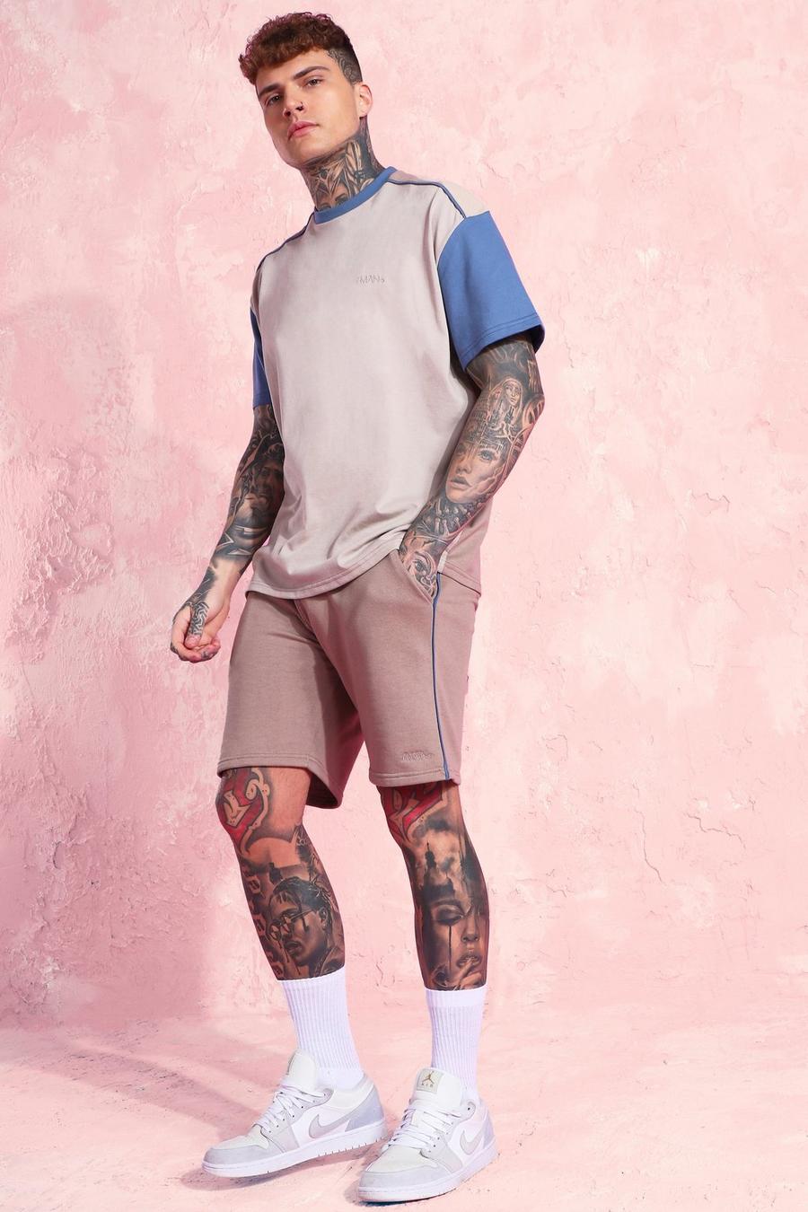 Übergroßes Set aus T-Shirt und Shorts im Colorblock-Design, Mehrfarbig image number 1