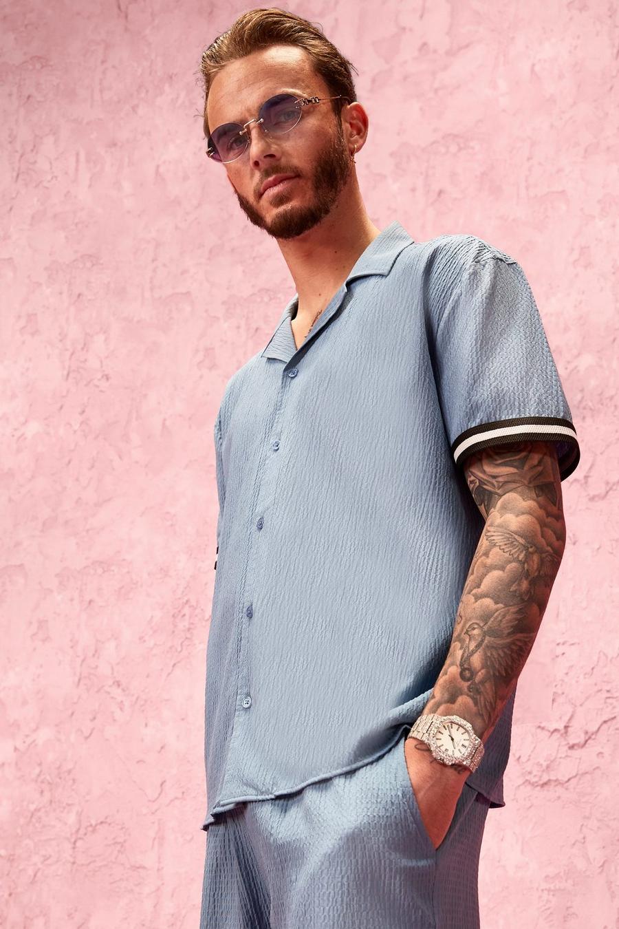 Dusty blue Short Sleeve Revere Collar Seersucker Shirt image number 1